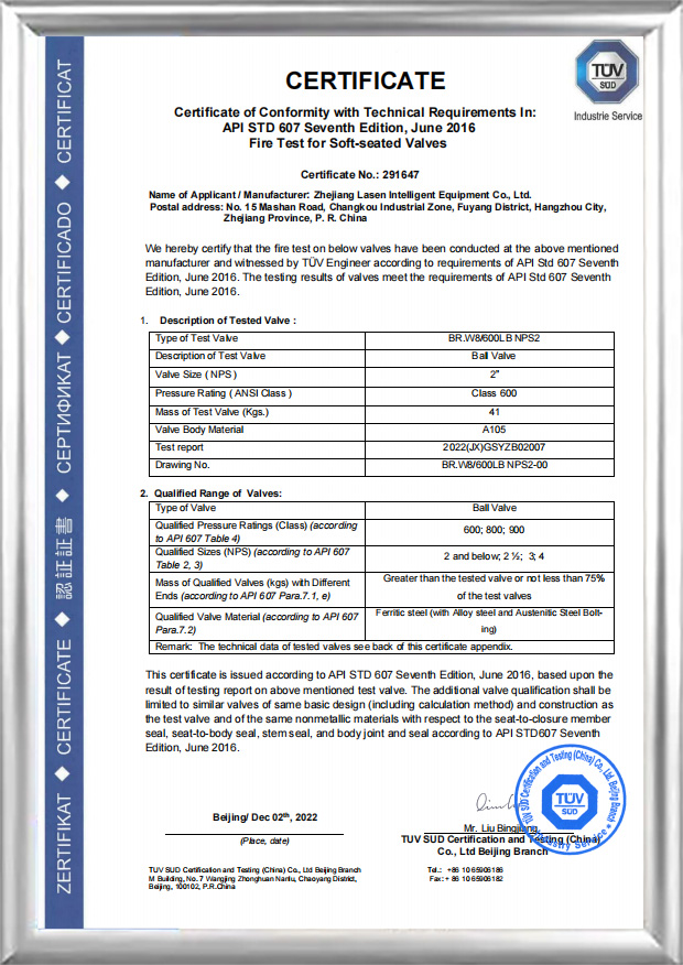 API 607 ​​ফায়ার সার্টিফিকেশন (BR.W8/600 LB NPS2)